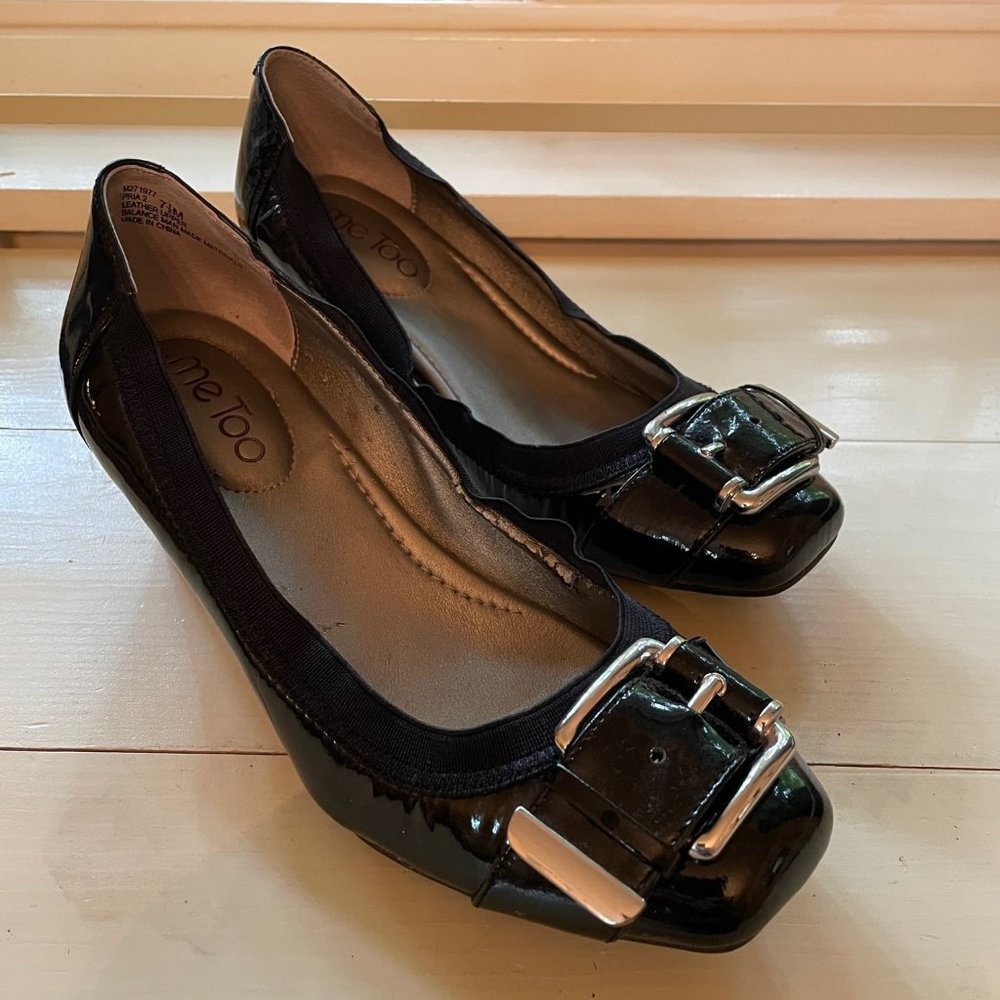 Me Too -Penn 2 Leather Black Sz 7 1/2 Chunky Heel Pump Buckle Accent Square Toe